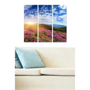 Säker betalning Canvastavla i trä 3-delar 50x70 cm - Blomstrande äng med färgglada blommor och en soluppgång i bakgrunden Rosa / Grön / Blå - Inredning