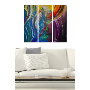 Canvastavla i trä 3-delar 50x70 cm - Abstrakt komposition med färgglada svängningar Blå / Grön / Lila - Inredning I lager
