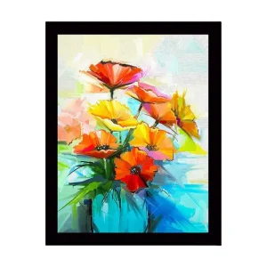 Kampanjpris Inramad Canvastavla i trä - 41x56 cm - Färgrik bukett av blommor i en vas Röd / Gul / Grön - Inredning
