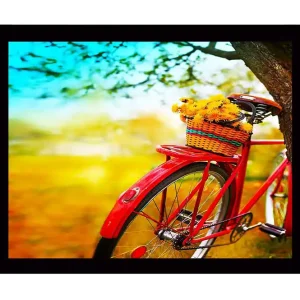 Säker betalning Inramad Canvastavla i trä - 41x56 cm - Röd cykel med en korg fylld av blommor Röd / Gul / Grön - Inredning