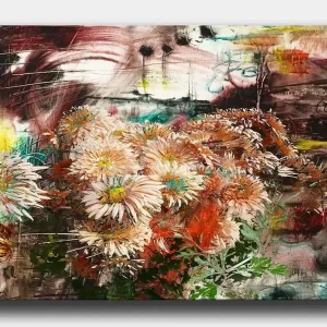 Canvastavla 70x100 cm - Bukett av blommor i olika nyanser av rosa och orange Rosa / Orange / Grön - Inredning Nedsatt pris