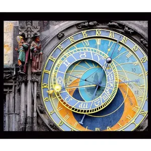 Sänkt pris Inramad Canvastavla i trä - 41x56 cm - Astronomisk klocka med detaljerade cirklar och symboler Guld / Blå / Orange - Inredning