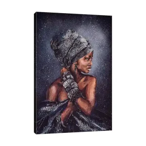 Canvastavla 70x100 cm - Kvinna med elegant huvudbonad och smycken, avbildad i profil Mörkbrun / Svart / Grå - Inredning Sista chansen