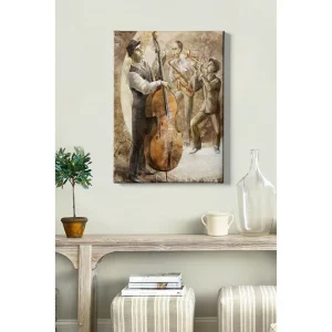Kundfavorit Canvastavla 70x100 cm - Tre musiker som spelar jazz, med en kontrabas i fokus Brun / Beige / Vit - Inredning