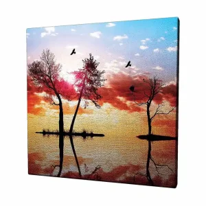 Canvastavla 45x45 cm - Silhuetter av träd vid en solnedgång med reflektioner i vattnet Orange / Rosa / Blå - Inredning Sänkt pris