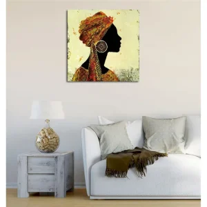 Canvastavla 45x45 cm - Silhuett av en kvinna med traditionell huvudbonad och stora örhängen Svart / Guld / Orange - Inredning Lågt pris
