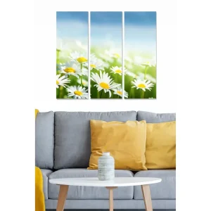 Trygg betalning Canvastavla i trä 3-delar 50x70 cm - Färgglad bukett av prästkragar Vit / Gul / Grön - Inredning