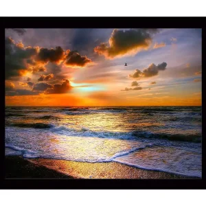 Utförsäljning Inramad Canvastavla i trä - 41x56 cm - Solnedgång över havet med dramatiska molnformationer Orange / Blå / Guld - Inredning