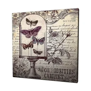 Canvastavla 45x45 cm - Insekter i en glaskupa med blommor och handskriven text i bakgrunden Lila / Grå / Beige - Inredning Nyhet