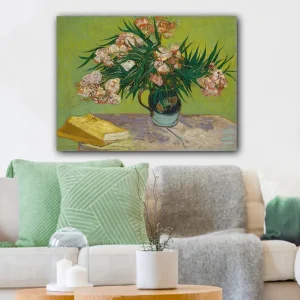Bästa pris Canvastavla 70x100 cm - Färgglad bukett med blommor i en vas på ett bord Grön / Rosa / Gul - Inredning