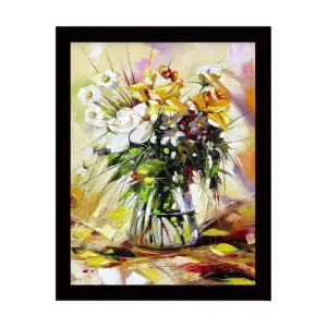 Begränsad tid Inramad Canvastavla i trä - 41x56 cm - Färgrik bukett av blommor i en vas Vit / Gul / Grön - Inredning