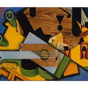 Begränsat antal Canvastavla 70x100 cm - Kubistisk komposition med en gitarr och olika geometriska former Grön / Gul / Blå - Inredning