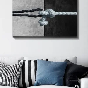 I lager Canvastavla 70x100 cm - Knut av rep som förenar två kontrasterande ytor i svart och grått Svart / Grå / Ljusblå - Inredning