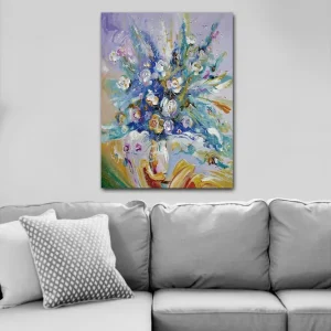 Canvastavla 70x100 cm - Färgsprakande blomsterbukett med en dynamisk komposition Blå / Grön / Vit - Inredning Säker betalning