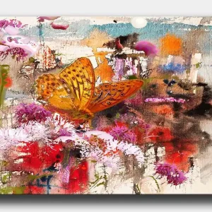 Köp nu Canvastavla 70x100 cm - Färgglad fjäril som sitter på blommor i en livlig och abstrakt naturmiljö Orange / Rosa / Röd - Inredning