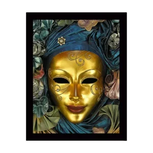 Outlet Inramad Canvastavla i trä - 41x56 cm - Guldmask med detaljerad dekoration och draperad klädnad i blått och grönt Guld / Mörkblå / Grön - Inredning