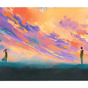 Canvastavla 70x100 cm - Två personer står på en öppen plats under en färgsprakande himmel Lila / Orange / Turkos - Inredning Lågt pris