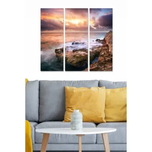 Canvastavla i trä 3-delar 50x70 cm - Dramatiskt havslandskap med klippor och solnedgång Mörkblå / Orange / Grå - Inredning Fynd