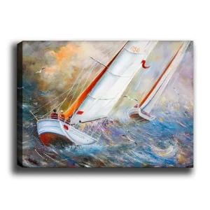Canvastavla 70x100 cm - Segelbåtar som navigerar genom kraftiga vågor i en dramatisk havsmiljö Vit / Orange / Blå - Inredning Erbjudandepris