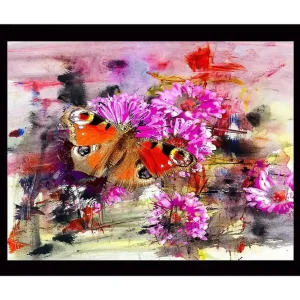 Inramad Canvastavla i trä - 41x56 cm - Färgglad fjäril omgiven av blommor Rosa / Orange / Grön - Inredning Kampanj