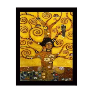 Rea Inramad Canvastavla i trä - 41x56 cm - Kvinnlig gestalt omgiven av snurrande trädgrenar och symboliska element Guld / Brun / Svart - Inredning