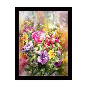 Inramad Canvastavla i trä - 41x56 cm - Färgrik bukett av blommor Rosa / Lila / Gul - Inredning Snabb frakt