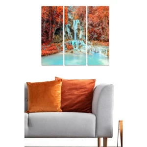 Canvastavla i trä 3-delar 50x70 cm - Vacker vattenfall omgiven av färgglada höstlöv Röd / Turkos / Orange - Inredning Kampanj