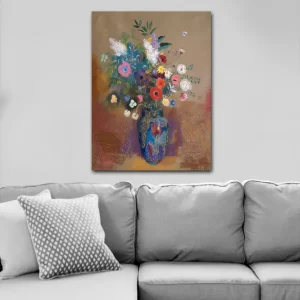 Bästa pris Canvastavla 70x100 cm - Färgglad bukett med blommor i en blå vas Blå / Rosa / Grön - Inredning