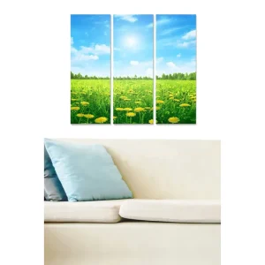 Canvastavla i trä 3-delar 50x70 cm - Solig äng med maskrosor och blå himmel Grön / Gul / Blå - Inredning Begränsat antal