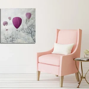Canvastavla 45x45 cm - Flera lila ballonger sväva över en dimmig himmel Lila / Grå / Vit - Inredning Snabb leverans