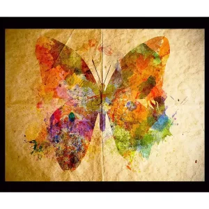 Inramad Canvastavla i trä - 41x56 cm - Färgglad fjäril med abstrakta mönster Orange / Grön / Lila - Inredning Nyhet