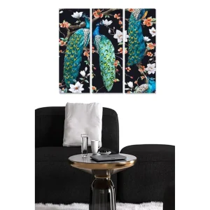 Canvastavla i trä 3-delar 50x70 cm - Färgglada påfåglar bland blommor Turkos / Grön / Vit - Inredning Reapris