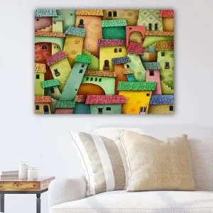 Snabb leverans Canvastavla 70x100 cm - Färgglada hus i en fantasifull stadsbild Grön / Gul / Röd - Inredning