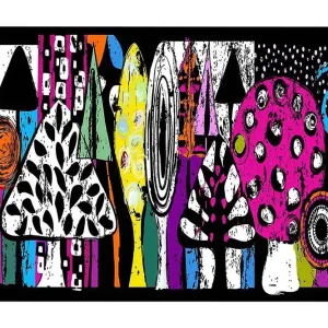 Canvastavla 70x100 cm - Färgglada svampar och abstrakta former i en lekfull komposition Rosa / Svart / Grön - Inredning Rea