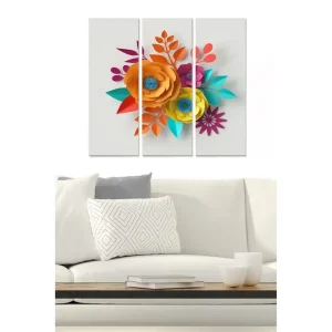 Canvastavla i trä 3-delar 50x70 cm - Färgrik bukett av pappersblommor Orange / Turkos / Lila - Inredning Säker betalning