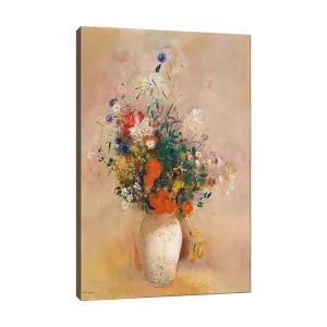 Begränsat antal Canvastavla 70x100 cm - Vacker bukett med färgglada blommor i en vit vas Röd / Grön / Gul - Inredning