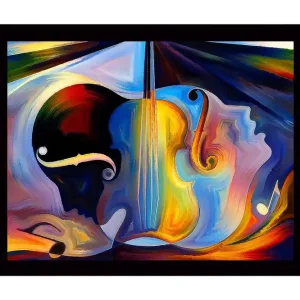 Inramad Canvastavla i trä - 41x56 cm - Abstrakt komposition med musikinstrument och ansikten Mörkblå / Orange / Ljusgul - Inredning Expressleverans