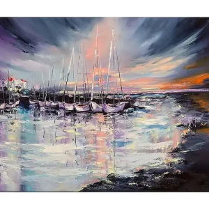 Kundfavorit Canvastavla 70x100 cm - Vacker hamn med segelbåtar som reflekteras i vattnet under en färgsprakande solnedgång Lila / Blå / Orange - Inredning