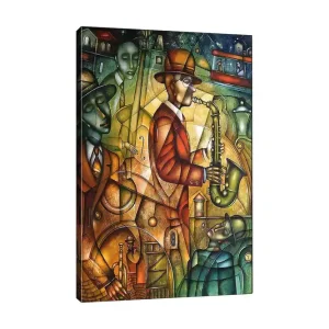Canvastavla 70x100 cm - Jazzmusiker spelar saxofon omgiven av andra musiker i en livlig atmosfär Grön / Orange / Brun - Inredning Begränsat erbjudande