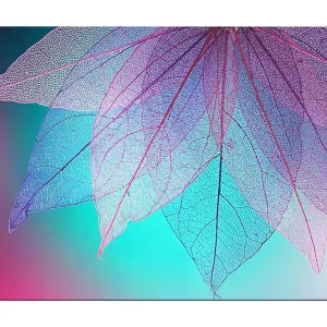 Canvastavla 70x100 cm - Abstrakt komposition av genomskinliga blad med en harmonisk färgpalett Lila / Turkos / Rosa - Inredning Snabb leverans