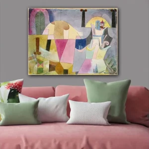 Canvastavla 70x100 cm - Abstrakt komposition med geometriska former och mjuka färger som skapar en drömlik atmosfär Rosa / Gul / Grön - Inredning Beställ idag