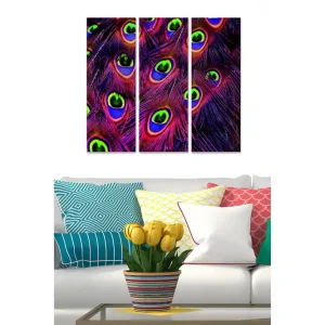 Populär Canvastavla i trä 3-delar 50x70 cm - Färgglada påfågelögon i en abstrakt komposition Lila / Grön / Blå - Inredning