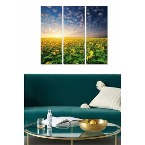 Billigare Canvastavla i trä 3-delar 50x70 cm - Solfyllda fält med solrosor under en klar himmel Gul / Grön / Blå - Inredning