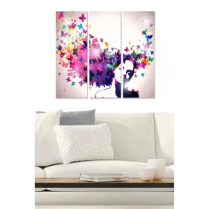 Rea Canvastavla i trä 3-delar 50x70 cm - Silhuett av en kvinna med färgglada fjärilar som svävar omkring henne Lila / Rosa / Grön - Inredning