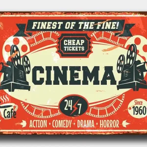 Beställ nu Canvastavla 70x100 cm - Vintage affisch som annonserar en biograf med fokus på film och underhållning Röd / Svart / Beige - Inredning