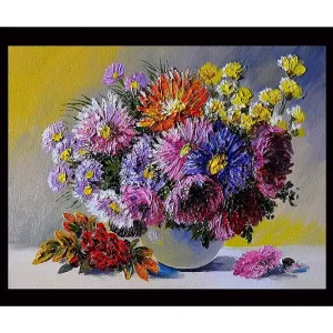 Inramad Canvastavla i trä - 41x56 cm - Färgrik bukett av blommor i en vas Lila / Gul / Röd - Inredning Säker betalning