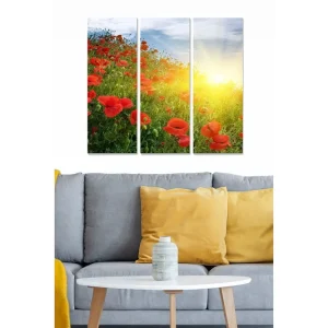 Canvastavla i trä 3-delar 50x70 cm - Blomsterfält med röda vallmo i soluppgång Röd / Grön / Gul - Inredning Köp online