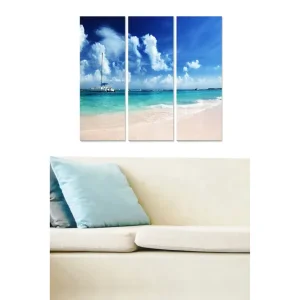 risnedsättning Canvastavla i trä 3-delar 50x70 cm - Vacker strandscen med segelbåt och klarblå himmel Blå / Turkos / Beige - Inredning
