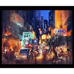 Inramad Canvastavla i trä - 41x56 cm - Livlig stadsbild med nattlig atmosfär och människor i rörelse Mörkblå / Orange / Vit - Inredning Bästa pris
