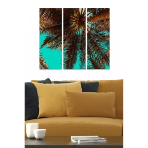 Canvastavla i trä 3-delar 50x70 cm - Palmblad under en klar himmel Turkos / Brun - Inredning Bästa pris